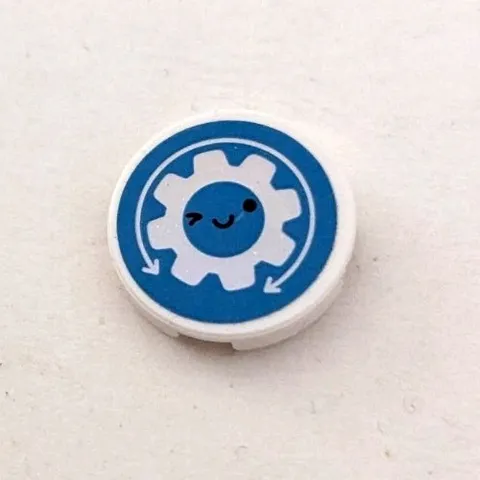 LEGO Tile Round 2x2 White With Tooth Gear Eyes Smile Arrows Pattern # 14769pb462