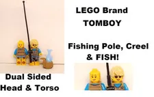 LEGO Tom boy Fishing Pole Creel FREE FISH Shaggy Bangs Minifigure Camping Gear