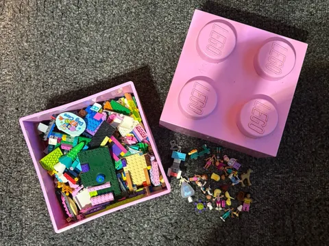 LEGO Friends Pink Storage Brick Case 10x10 Full Of Assorted Legos & Minifigures