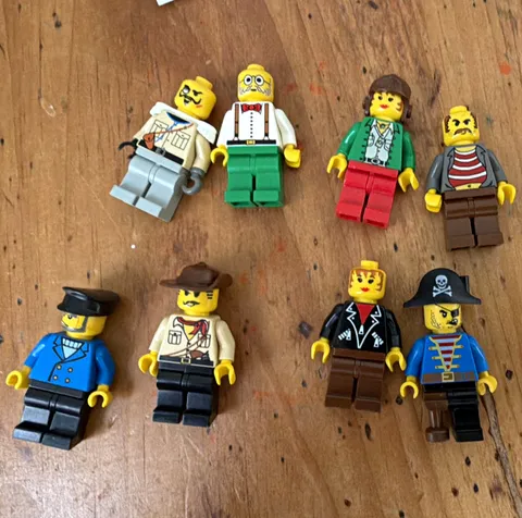 LEGO Minifigures Lot of 7 Mixed Characters w/ Accessories Hats & Helmets
