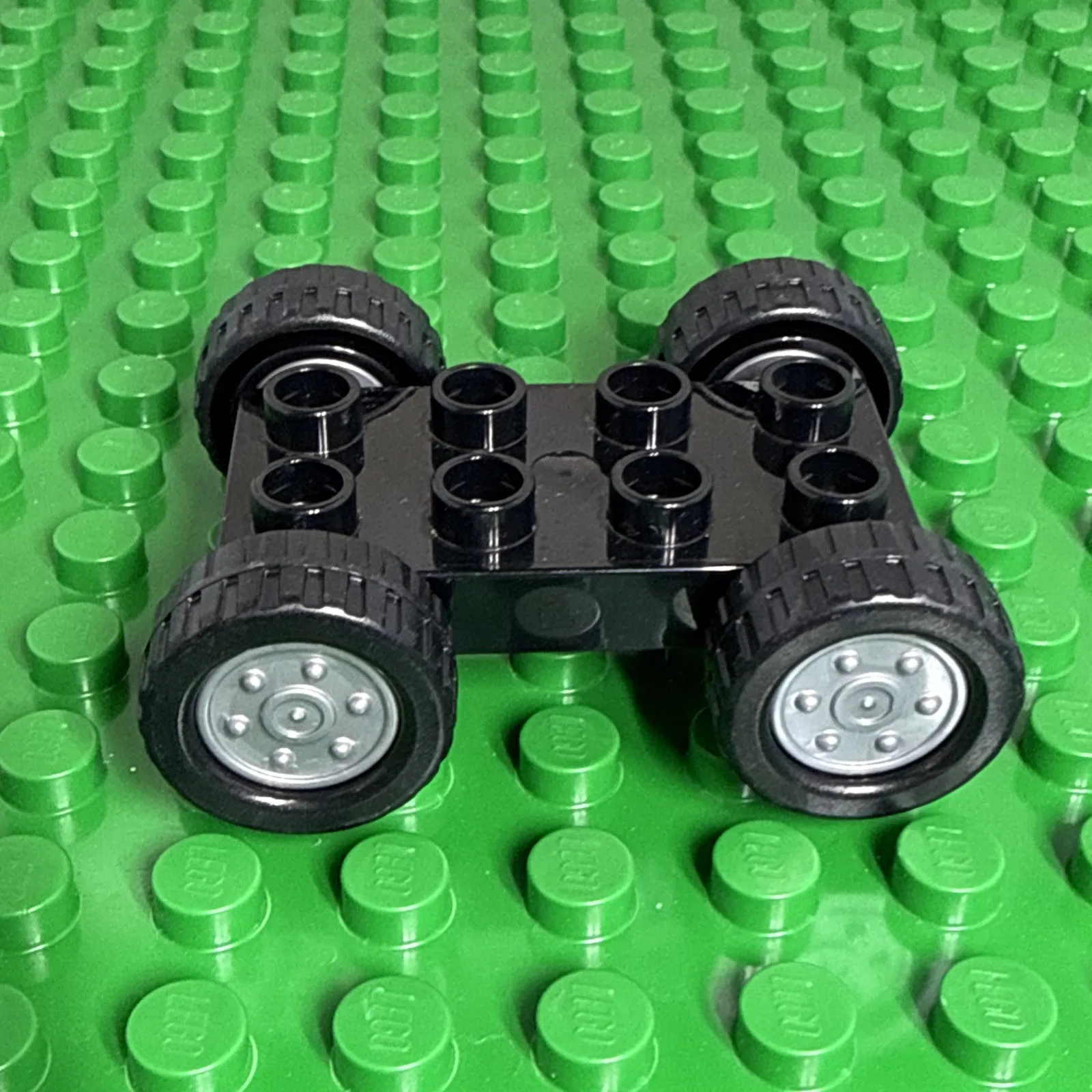 Lego Duplo Car Base 2X4 Fixed Axles Black Tires and Flat Silver wheels