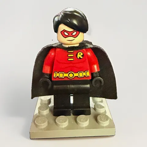 LEGO CUSTOM Robin Minifigure | Red Torso, 2012 Black Cape, Red Mask & Hair