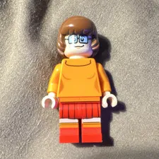 LEGO Minifigure Orange Sweater Torso, Red Skirt Legs, Brown Hair, Glasses