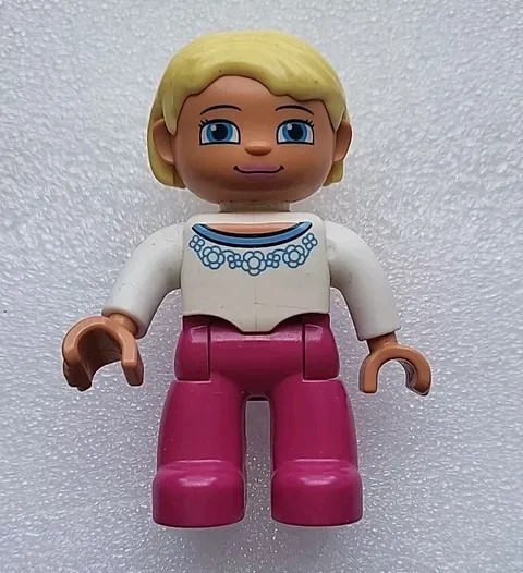 Lego Duplo Figure Woman yellow hair white/magenta