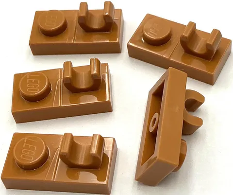 Lego 5 New Medium Nougat Plates Modified 1 x 2 with Open O Clip on Top Parts