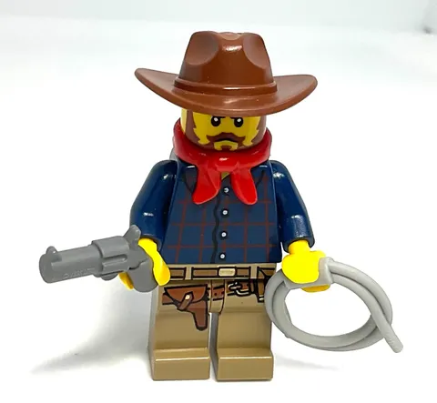 Lego Cowboy Minifigure w/ Rope & Revolver - Ranch Hand  - Western Frontier
