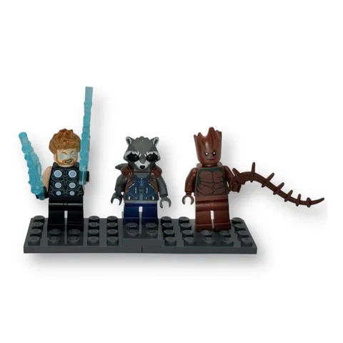 Set of 3 LEGO Minifigure Avengers Super Heroes, Thor, Rocket Raccoon, Teen Groot