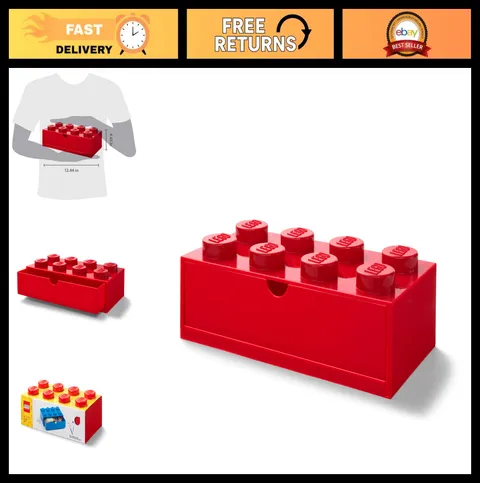 Stackable Lego Storage Brick 8 Drawer Box, 12.4"x6.2"x4.4", Bright Red
