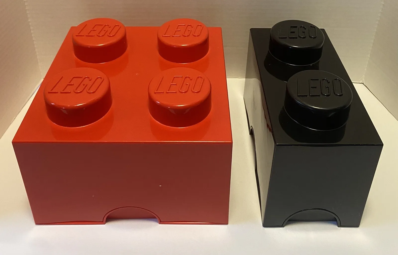 Lot of 2 Lego Stackable Storage Bricks Red 2x2 & Black 1x2 