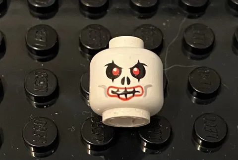 LEGO White Skeleton Skull Head With Red Eyes,  Red Lips, Curved Eyebrows