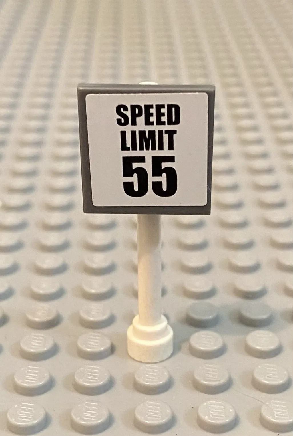 LEGO Dark Bluish Gray 2x2 Clip on Road Sign w/ “Speed Limit 55” Sticker 