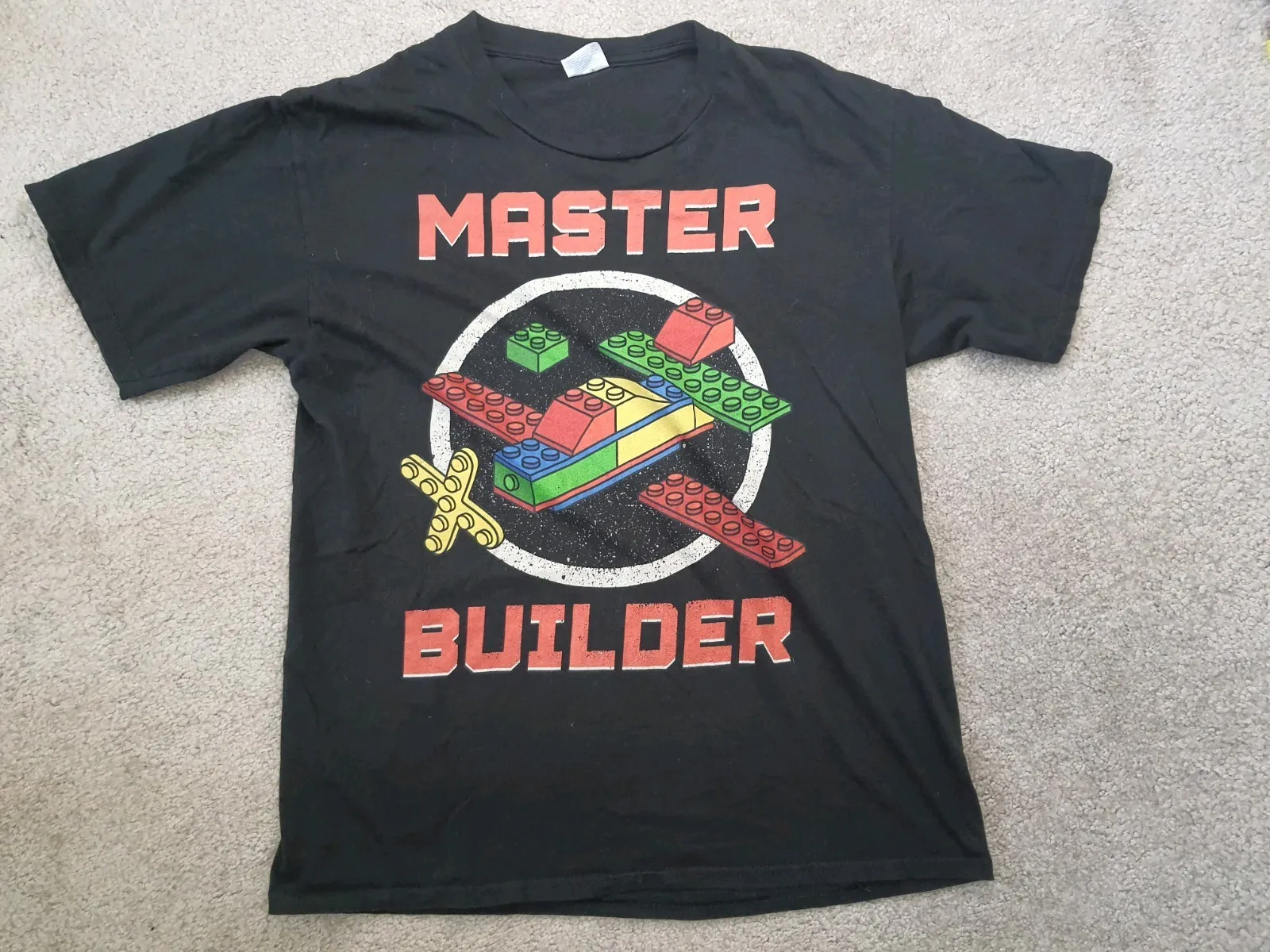Master Builder Men's Medium T-shirt Lego Bricks L Black Graphic Print Tee