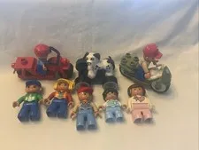 Lego Duplo Figures 7 People 2 Motorcycle 1 Dog & Car