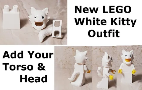 New LEGO Cat Costume White Kitty Mask Tail Skirt ADD YOUR HEAD TORSO Tail Up