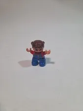 Lego Duplo Figure Kid Girl brown hair red/blue overalls flower 