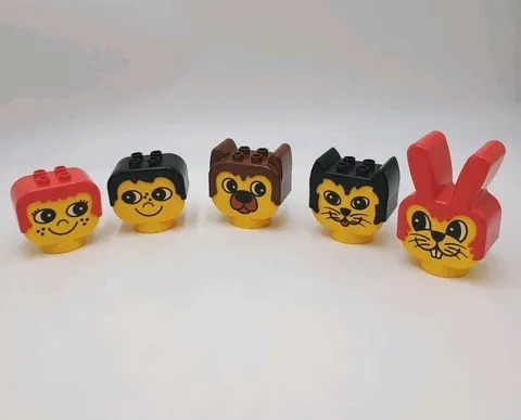Vintage Duplo Head Face Blocks - Boy Girl Cat Dog & Rabbit Great Condition 