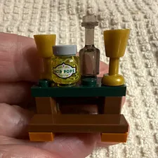 LEGO Small Stand Table Furniture Lot w/ 2 Gold Goblets, 2 Bottles, Jar