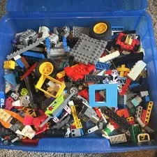 LEGO Bulk Lot Multicolor Bricks Pieces & Parts w/ Wheels in Blue Tub
