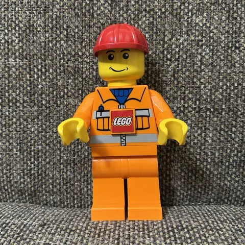 LEGO Construction Worker OVERSIZED minifig Orange Outfit Red Hard Hat Flashlight