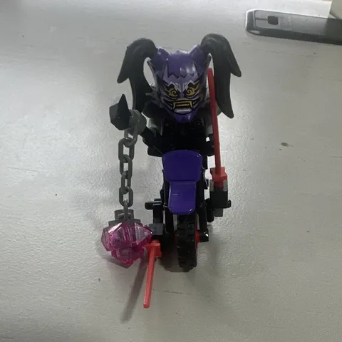 LEGO Minifigure w/ Purple Motorcycle Bike & Accessories Chain Pink Gem Red Blade