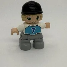 Lego Duplo Figure Kid Boy black cap blonde #7 teal/slate gray