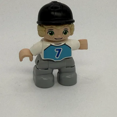 Lego Duplo Figure Kid Boy black cap blonde #7 teal/slate gray