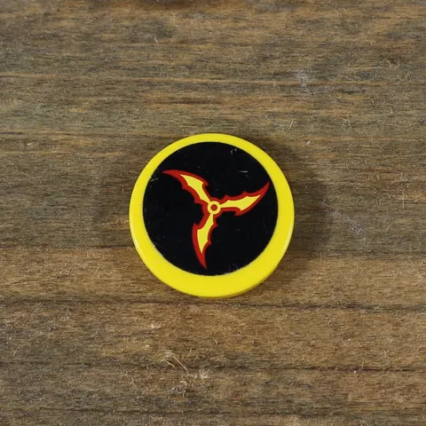 LEGO Yellow Tile Round 2x2 Red & Yellow Bat Wings on Black Background 4150pb136