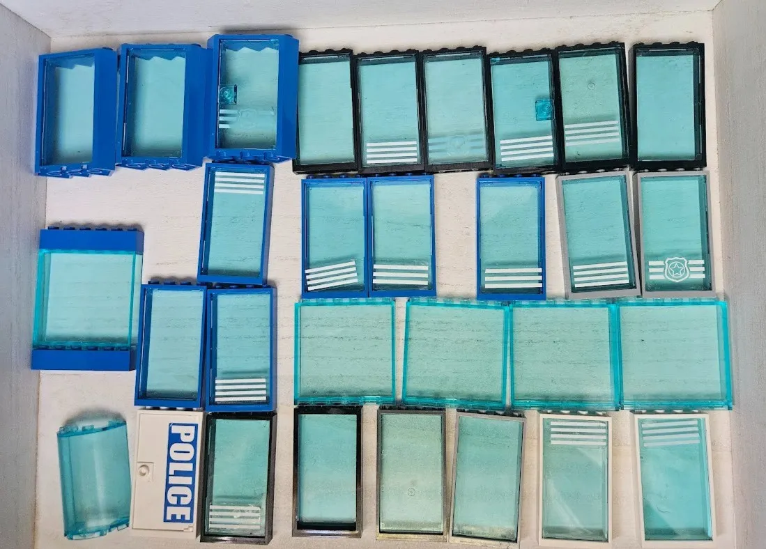 Lego 30 Pc Lot Police Station Windows & Doors~Trans Blue+