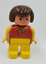 LT1 Lego Duplo Brunette Woman Mom 2.5" Figure W/ Red Blouse & Bow Yellow Pants