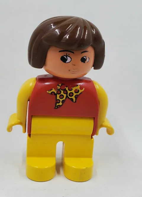LT1 Lego Duplo Brunette Woman Mom 2.5" Figure W/ Red Blouse & Bow Yellow Pants