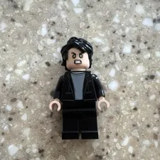 LEGO Minifigure Male Black Suit Jacket Gray Shirt, Black Hair Angry Face
