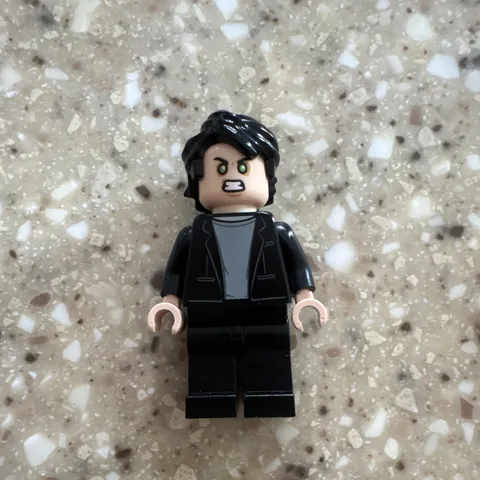 LEGO Minifigure Male Black Suit Jacket Gray Shirt, Black Hair Angry Face