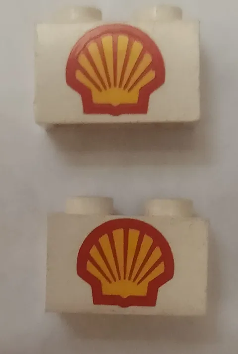 Two LEGO Shell Logo 1x2 Embossed Bricks