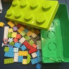 Mixed Lot of Lego Duplo Building Blocks and Green Box Misc Pieces Basic Colorful