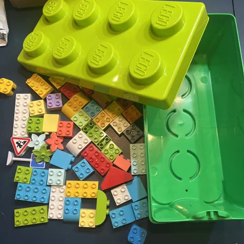 Mixed Lot of Lego Duplo Building Blocks and Green Box Misc Pieces Basic Colorful