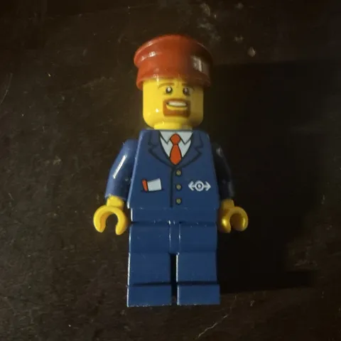 LEGO Minifigure Blue Suit w/ Tie & Brown Cap Yellow Head Plastic Figure