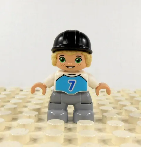 Lego Duplo Figure Kid Boy black cap blonde #7 teal/slate gray