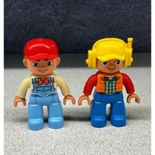 Vintage Lego Duplo Construction Worker Figures - Red & Yellow Helmets Overalls