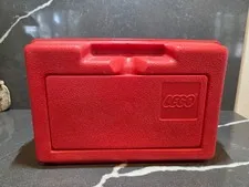 vintage 1980s red plastic Lego carrying and storage case by Interlego.