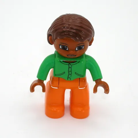 Lego Duplo Hispanic Woman Mom Figure with Orange Pants Green Shirt Brown Hair