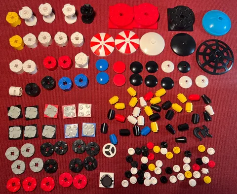 Lego lot of 153 'round' pieces: turntables, dishes, cones, antenna, magnet, etc.