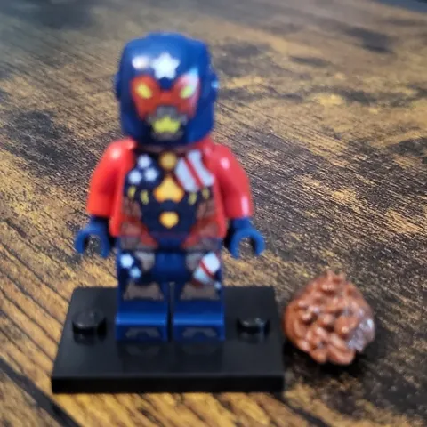 LEGO Minifigures Helmeted Minifigure Blue Helmet Red Arms Blue Legs Stand