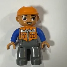 Lego Duplo 2.5" Construction Worker Minifigure with Orange Shirt & Gray Pants