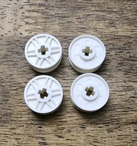 LEGO White Wheel 18mm D. x 8mm, Fake Bolts, Shallow Spokes, Axle Hole. QTY 4. 