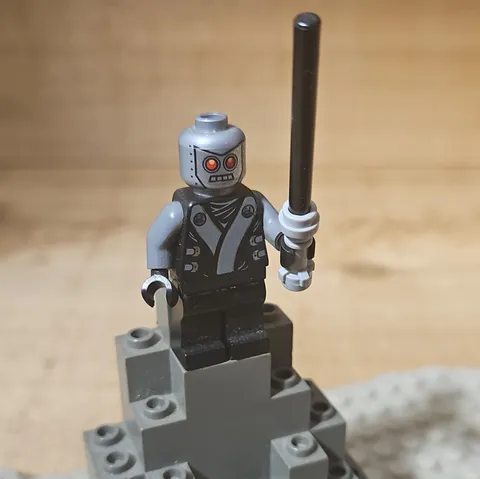 LEGO Plastic Minifigure Gray Head Black Outfit Character Figure w/ Staff