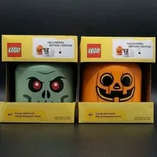 LEGO Storage Head Small Halloween Edition Lot – Green Skeleton & Orange Pumpkin