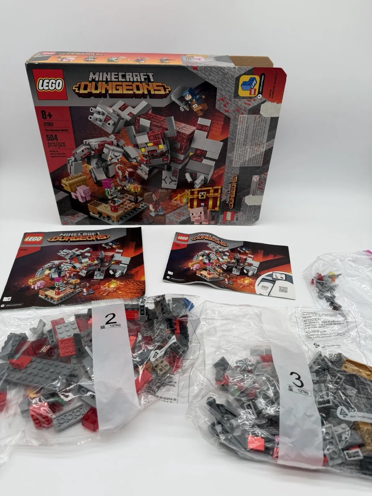INCOMPLETE SET Lego 21163 Minecraft Redstone Battle Bags 2 and 3 Only and Box