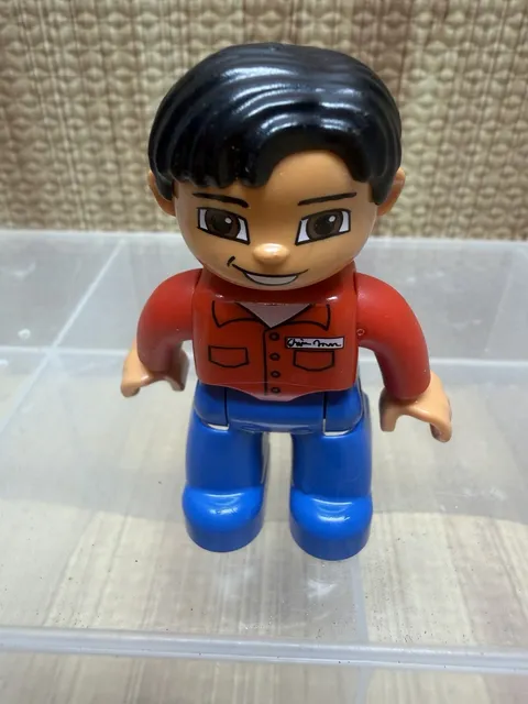 Lego Duplo Minifigure MAN Red Shirt Pockets Name Tag Blue Pants Minifig Figure