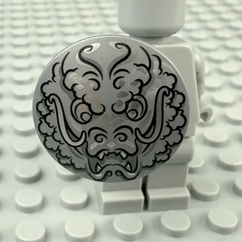 LEGO Minifigure Shield Circular / Round Silver Ninjago Dragon Head Pattern