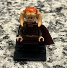 LEGO Minifigure w/ Brown Cape & Tan Horned Helmet, Black Outfit & Stand